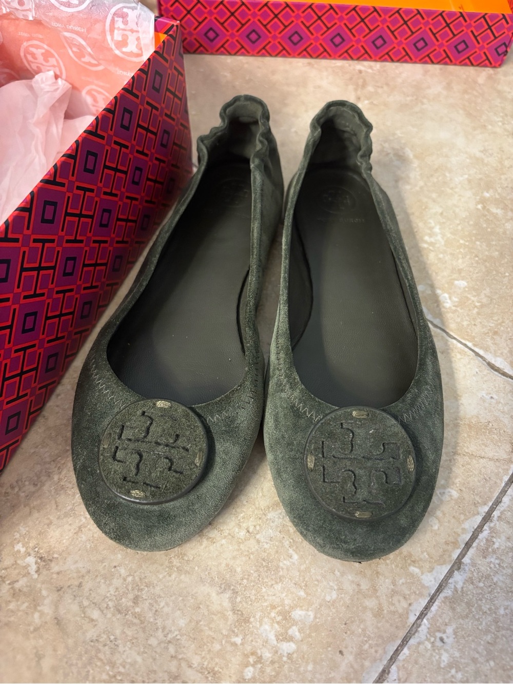 Tory Burch Olive Green Suede Logo Ballet Flats